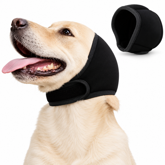 Perro Labrador con orejeras antirruido negras CalmiPet